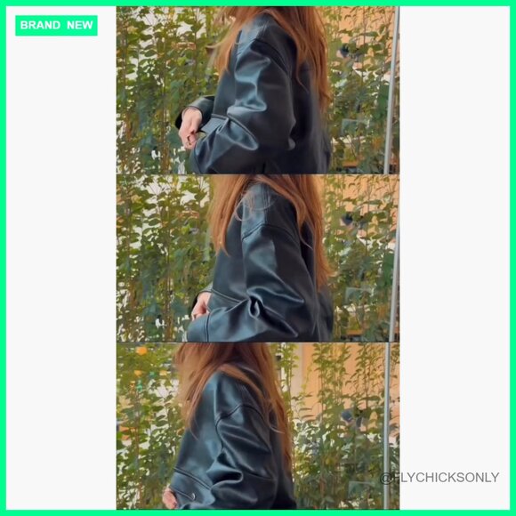 Oversized Faux Leather Motorcycle Jacket with Double Pockets - Picture 7 of 7